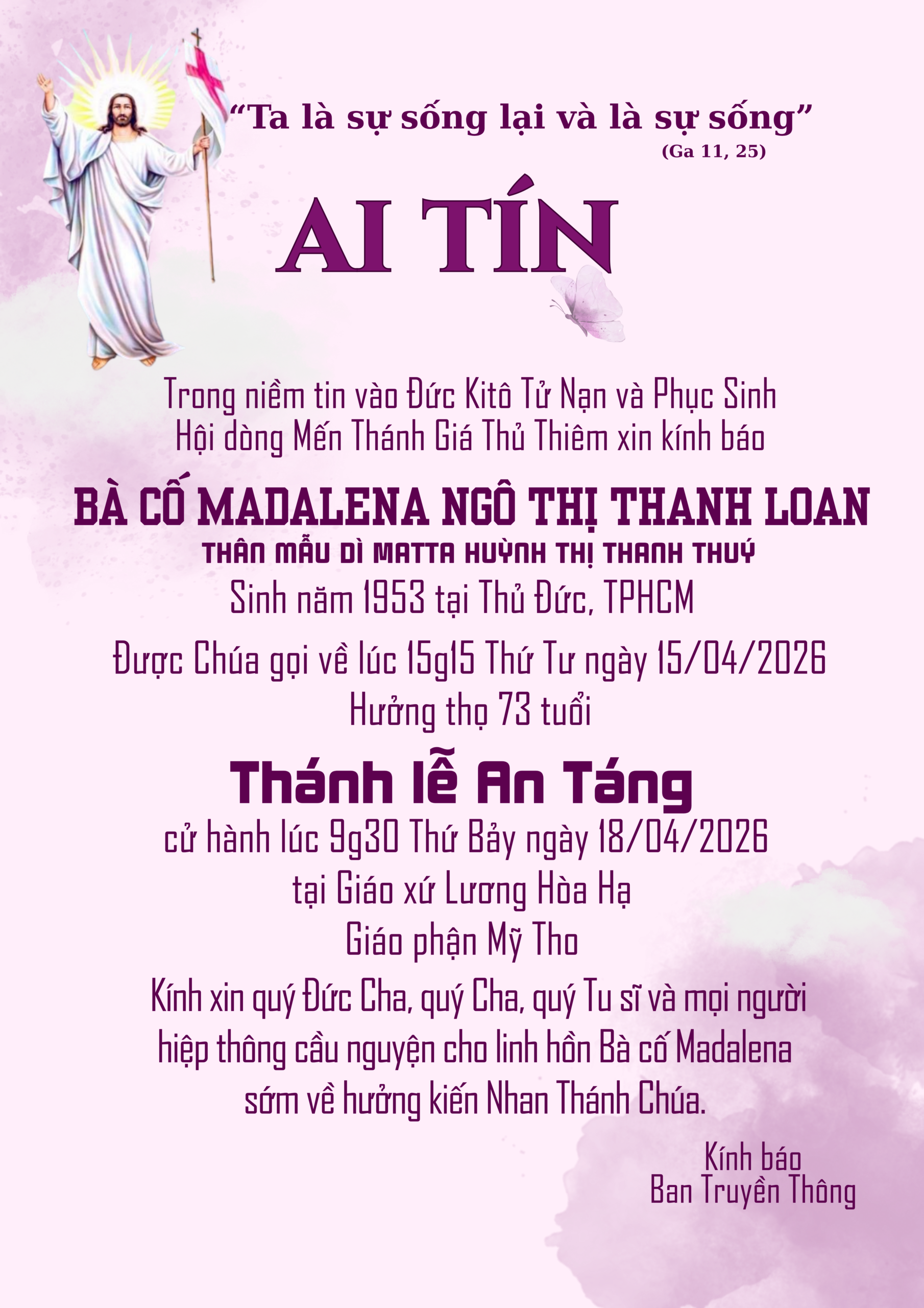 Ai tín: Bà cố MADALENA NGÔ THỊ THANH LOAN